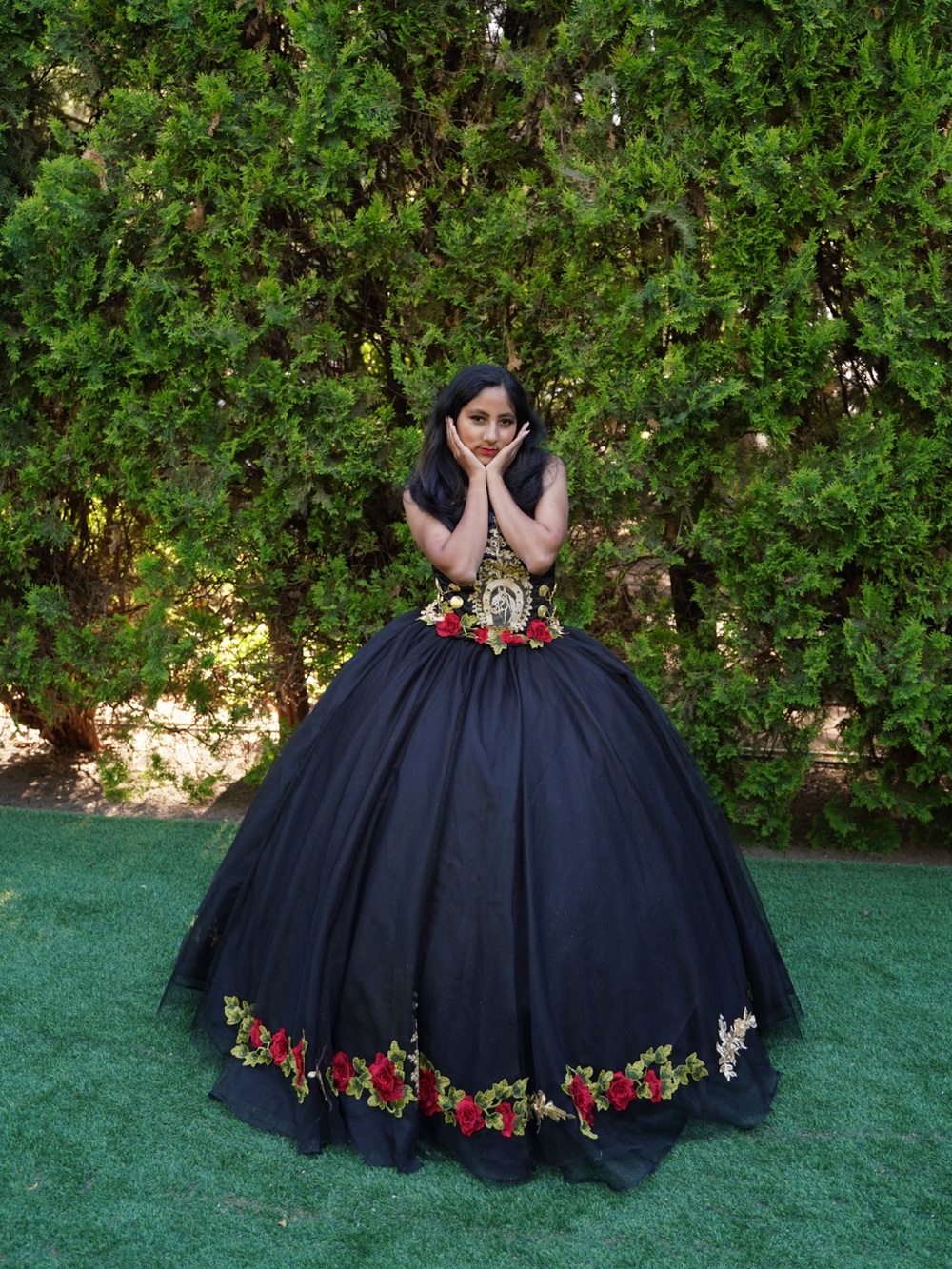 Black Floral-Appliqué Ball Gown Dress